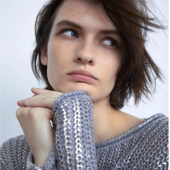 Zara Women’s Crop Sweater Metallic Silver Size Medium - Picture 3 of 12